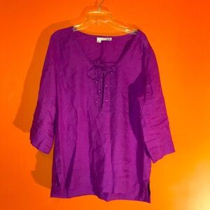 Eileen Fisher Purple Women's Beaded Top Size Medium 8/10 100% Irish Linen